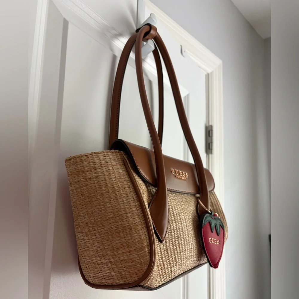GUESS Tan Straw Purse Tote with Brown Trim and Strawberry Coin Purse Charm NWOT